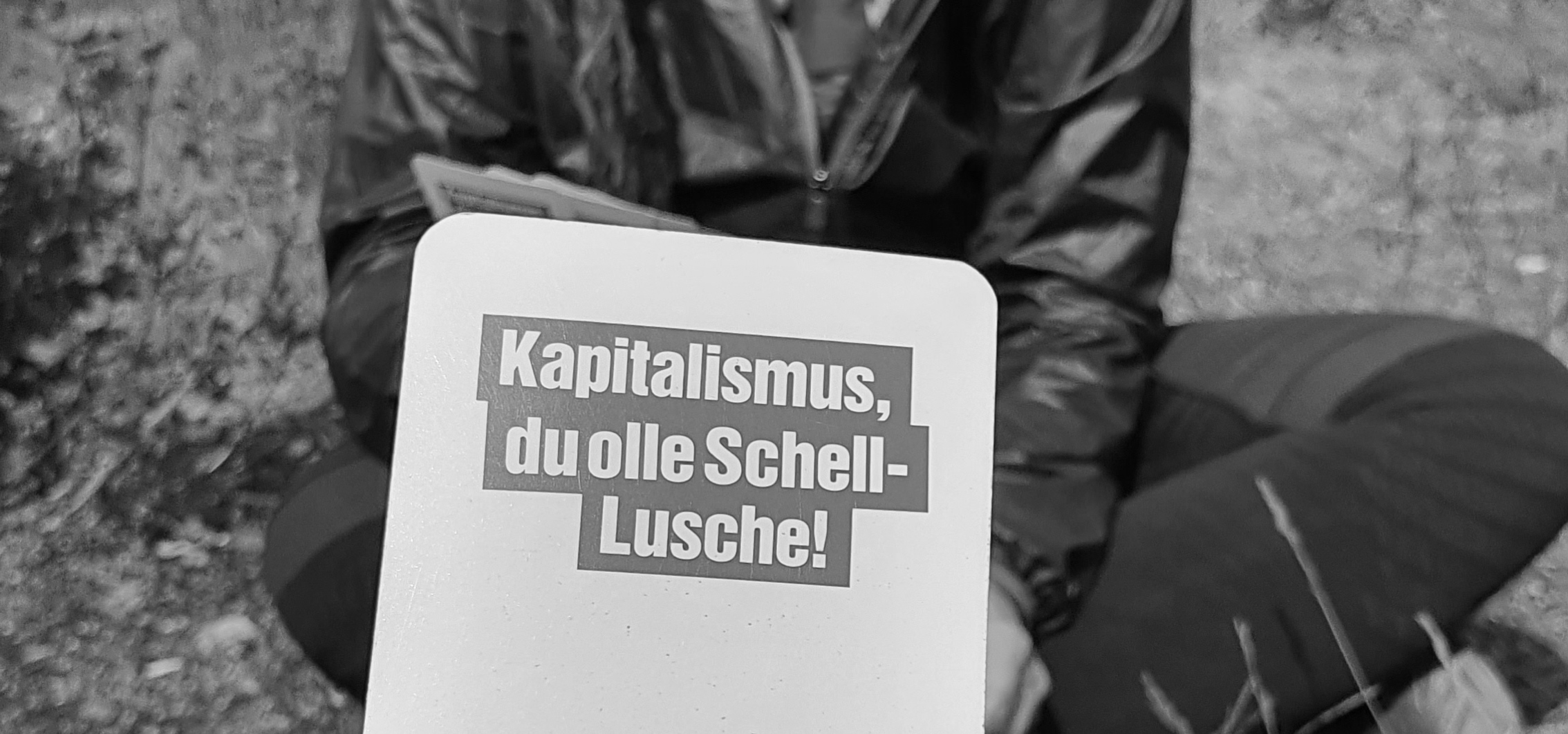 Rückseite von Skatkarten mit dem Aufdruck "Kapitalismus, du olle Schell-Lusche!"